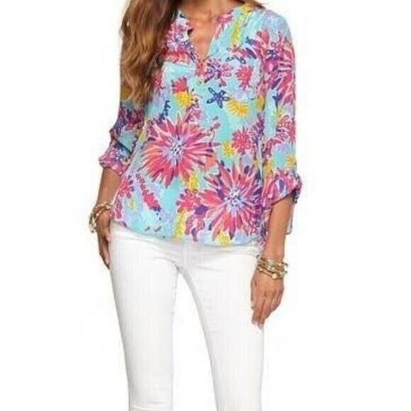 Lilly Pulitzer Trippin and Sippin Elsa Silk Popover Blouse Size XS Pink Flowers - Picture 1 of 9